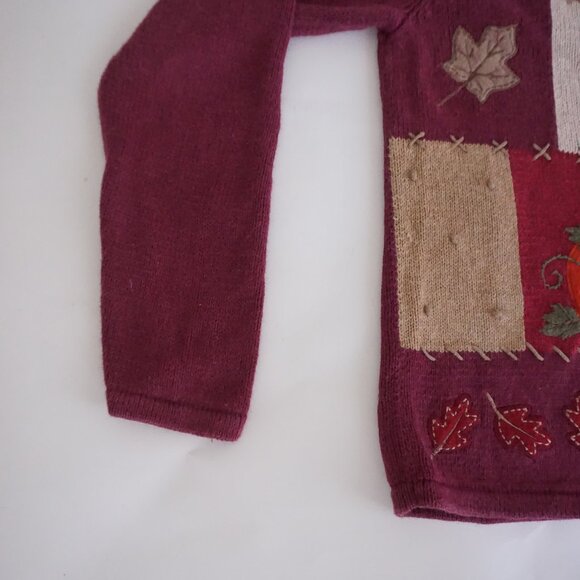 Croft & Barrow Burgundy Patchwork Pumpkin Birdhouse Cardigan Holiday Harvest S - Picture 7 of 9
